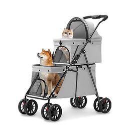 Складаний візок для собак на 2 яруси, переноска для домашніх тварин до 24 кг, візок для собак з сітковими віконцями, ремінь безпеки, 4 колеса, складаний візок для котів та маленьких собак (сірий)