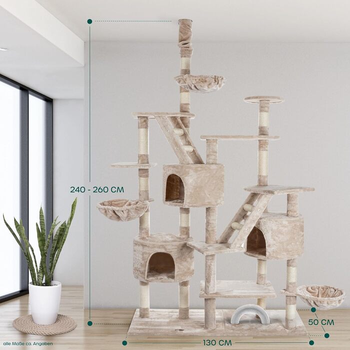 Високий килимок-дерево для котів HAPPYPET SAM 260 см, XXL, бежевий, для кількох котів, стійкі стовпи 8 см, лежанки, будиночки, аксесуари