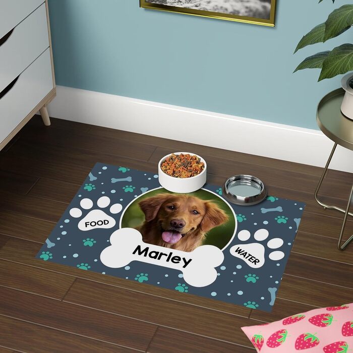 Підкладка під миску з іменем для домашніх тварин | Килимок для собак та котів | 45 x 75 см | Гумова підкладка 4 мм | Мотив домашнього улюбленця | Eat Sleep Walkies
