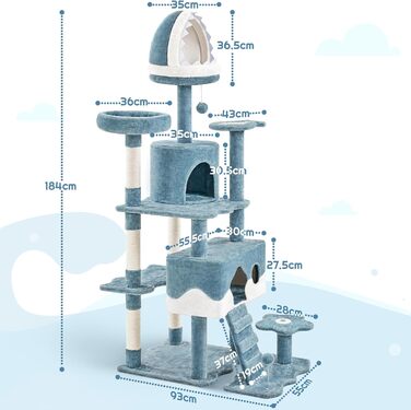 Yaheetech Когтеточка-дерево XXL для котів 93x55x184 см, морська тематика, 3 будиночки, 5 сизалевих стовпчиків, 4 платформи, міцний стильний ігровий комплекс для котів, синій/білий
