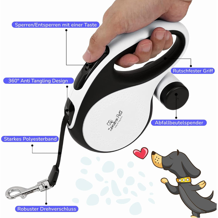 Рулетка для собак Zenova Pets 5м з тримачем для відходів, нейлоновий поводок 360°, антиковзний руків'я та кнопка швидкого гальмування. Підходить для собак великих, середніх та малих порід до 30 кг
