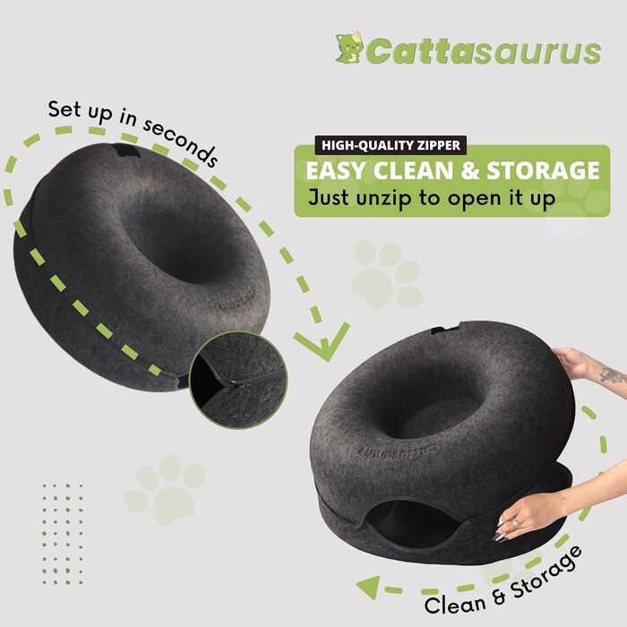 Котяча печера CATTASAURUS Peekaboo темно-сіра для великих і кількох котів до 13,6 кг, тунель-будиночок для домашніх котів, велике кругле ліжко-донат, пране