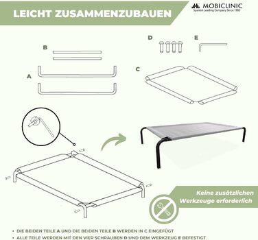 Mobiclinic® Cleo: Підвищене собаче ліжко, сіре, 122x71x21 см. Ізольоване, для внутрішнього та зовнішнього використання, міцне, легко миється, без інструментів, до 60 кг