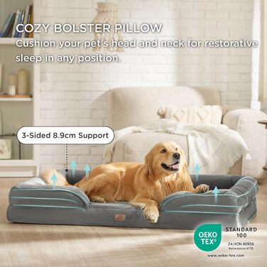Ортопедичне ліжко для собак BEDSURE 122x89 см, ергономічний диван для великих порід, з яйцеподібною піною, сірий, знімний чохол, не ковзає