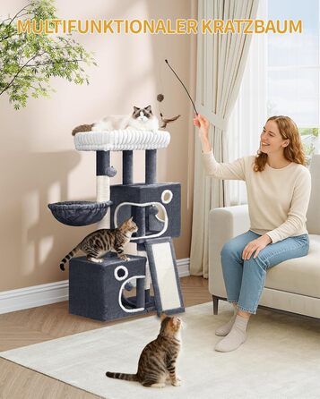 Дерево для котів Hzuaneri, 98 см: стійка конструкція, велика платформа, іграшкові м'ячики, печери, стовпчики для дряпання, дощечка для дряпання, темно-сірий MS10118SG
