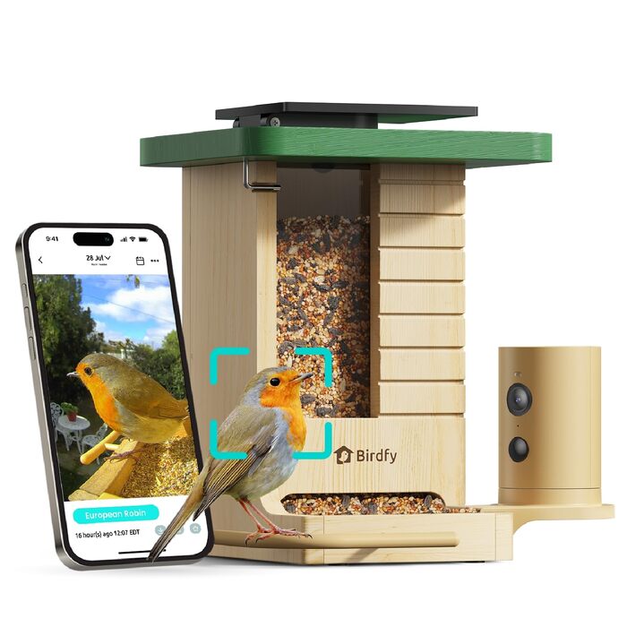 Розумна годівниця для птахів Birdfy з камерою 1080P, сонячною панеллю та ШІ-розпізнаванням 6000+ видів птахів, водонепроникна дерев'яна годівниця з App Live-переглядом