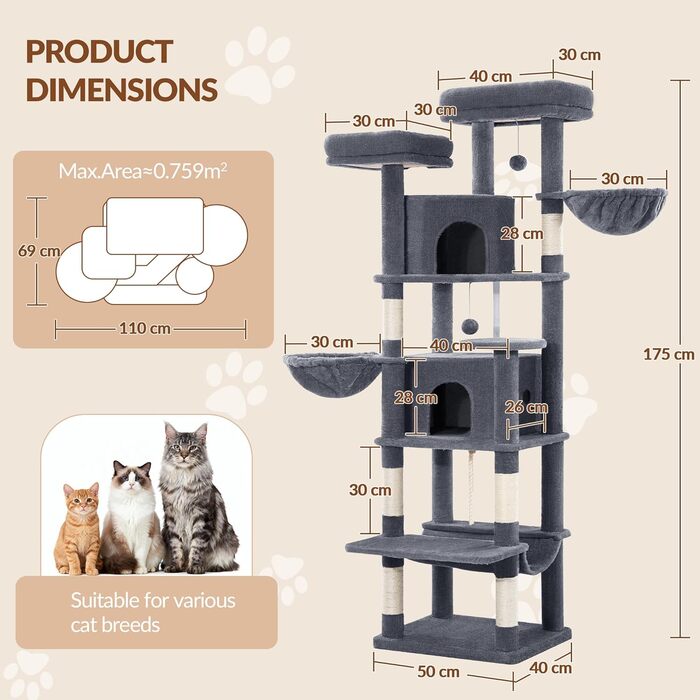 Драбина-кіготь для котів Kratzbaum Groß 216 см, XXL, стабільна з краш-стовпцями, 2 затишні будиночки, 2 платформи, 2 кошики, гамак, для дому, FPMS007FG1 (50x40x175 см, темно-сірий)