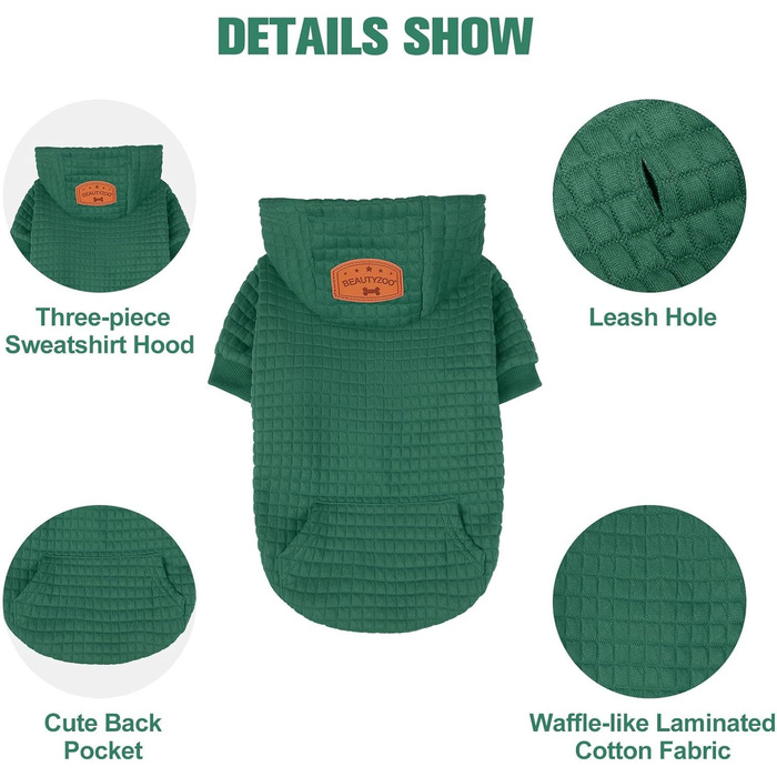 Світшот для маленьких собак BEAUTYZOO з кишенями, одяг для собак, для хлопчиків та дівчаток, вафельна тканина, бавовна з ламінуванням, XL (Спина: 61см, Груди: 86см, Шия: 53см), темно-зелений