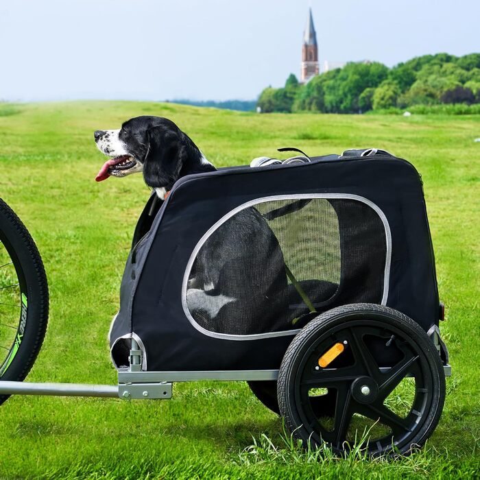 Фаркоп-причіп для собак Soges до 40 кг, складаний, з оксфордської тканини 600D, з вентильованою сіткою, 2 входи, з внутрішнім поводком, з світловідбивачами, чорний