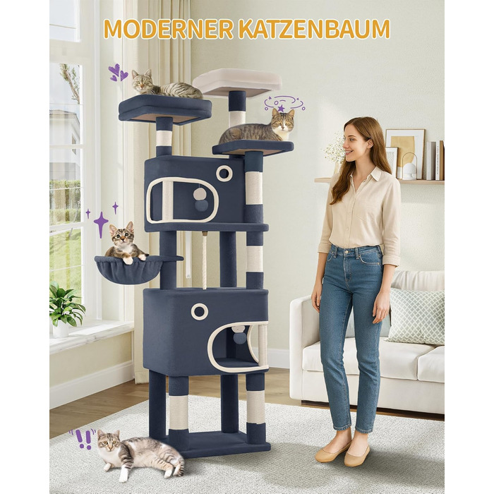 Драбина-кіготь для котів Hzuaneri, 159 см, з 8 кігтеточок, 3 платформ, 2 будиночків, кошиком, плюшевими кульками, мотузкою з сизалю, підходить для котів різних розмірів, MS15918LG (XL, темно-сірий)