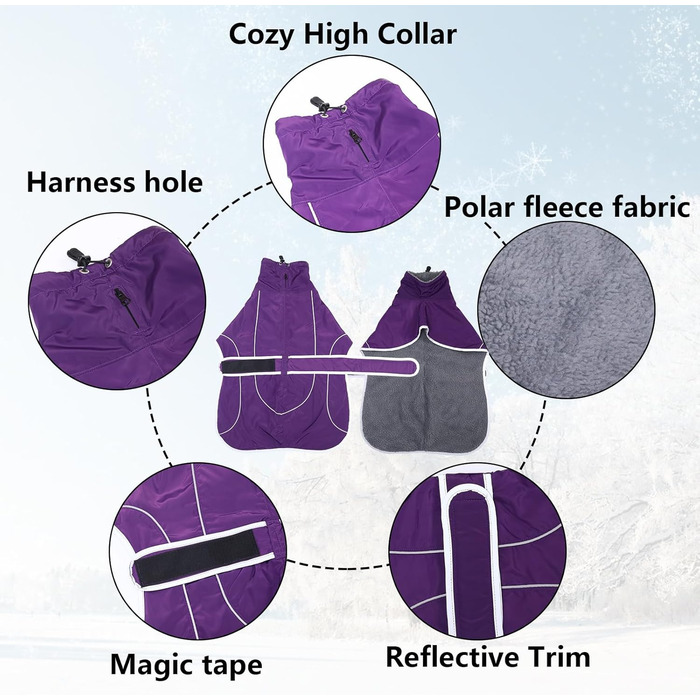Водонепроникний зимовий пуловер для грейхаундів Geyecete: теплий, регульований, з відбиваючими елементами, для середніх та великих собак (XS-XXL, фіолетовий)