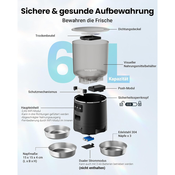 Автоматичний годівниця для котів з Wi-Fi та таймером, 6 л / 25 чашок, 3 миски, 3 пакети силікагелю, система проти застрягання, 2.4G Wi-Fi, запис голосу 10 секунд, чорний