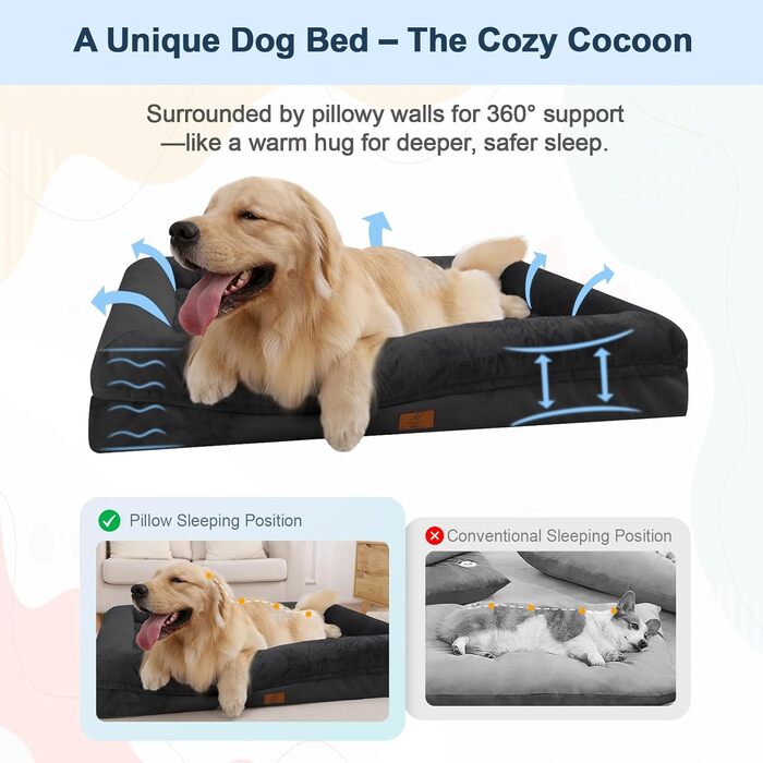 Ортопедичний лежак для собак великих порід, чорний, водонепроникний, знімний чохол, бортик по периметру, неслизьке дно, 114 x 89 x 19 см