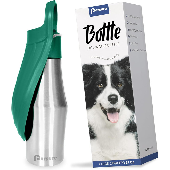 Водяна пляшка для собак, 765 мл, нержавіюча сталь, не протікає, для прогулянок та активного відпочинку (зелена, 1 шт)