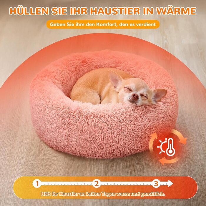 ALLSOPETS Заспокійливе кругле ліжко для собак і котів, м'яке плюшеве, з антиковзною основою, рожеве, 70 см, для малих і середніх порід, пране