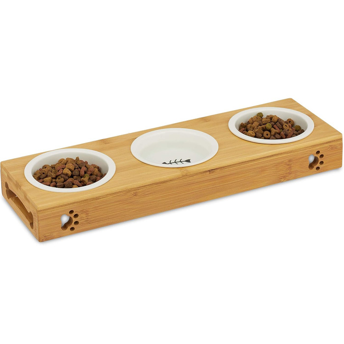 Набір мисок для котів та собак Relaxdays 3 шт. з бамбука та кераміки, для води та корму, миюча посудомийна машина