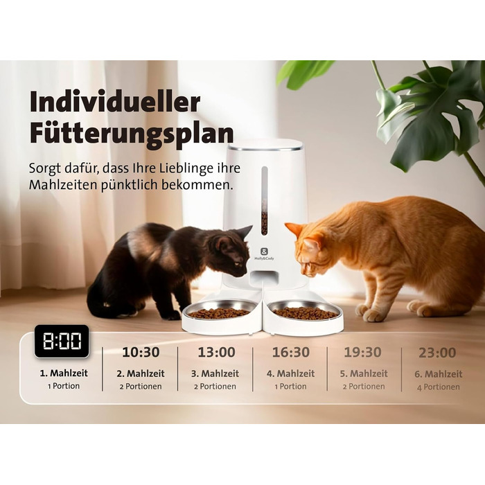 Автоматична годівниця Molly&Cody для котів і собак, 4 л, сухий корм, з таймером, 2 миски, LED-дисплей, захист від дітей, подвійне живлення