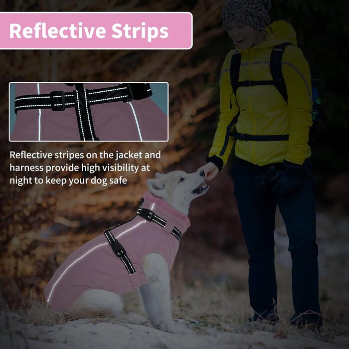 Теплий зимовий одяг для собак Lelepet: куртка з інтегрованим шлейкою, вітронепроникний флісовий одяг, світловідбиваюча жилетка для собак, XL (XX-Large, рожевий)