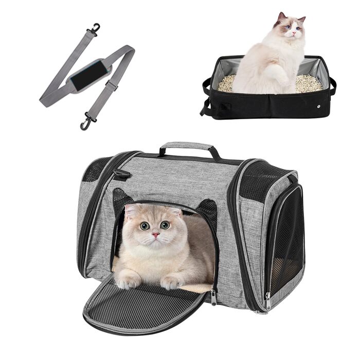 Транспортна переноска для котів з туалетом, складана переноска для котів, собак, цуценят, великих котів, дихаюча переноска з плечовим ременем