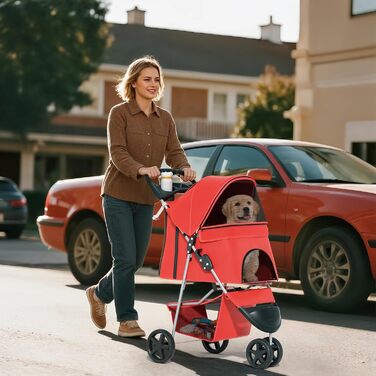 Візок для тварин: для собак та котів, 3 колеса, складний, з кошиком та тримачем для напоїв (червоний)