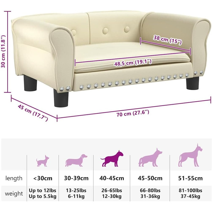 Диван для собак, м'яке ліжко для домашніх тварин, диванчик для собак, ліжко для цуценят, диван для домашніх тварин, будиночок для собак, для великих та середніх собак, сучасний та елегантний дизайн (70x45x30 см, кремовий)