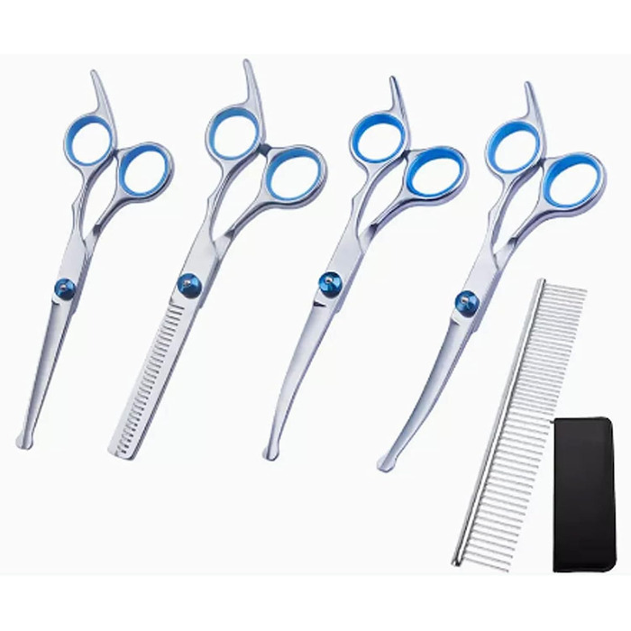Набір ножиць для грумінгу собак та котів: прямі та зігнуті, з нержавіючої сталі (Blue)