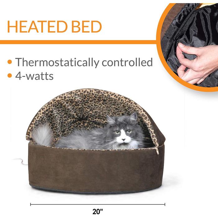 Обігрівальне лежанка для котів K&H Thermo-Kitty, розмір L, мокко з леопардовим принтом, 50,8 см, преміум якість