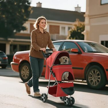 Візок для тварин: для собак та котів, 3 колеса, складний, з кошиком та тримачем для напоїв (червоний)