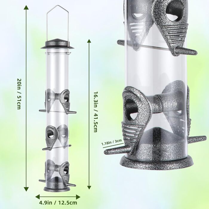 Годівниця для птахів Mixxidea з металевої труби для саду, балкону, 6 портів, сірого кольору