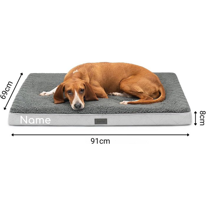 Ортопедичне ліжко для собак Lionto, 112x81x8 см, міцне, з м'яким плюшем, знімний та пральний чохол, водовідштовхувальне, для собак та котів (з нанесенням імені), сірий колір