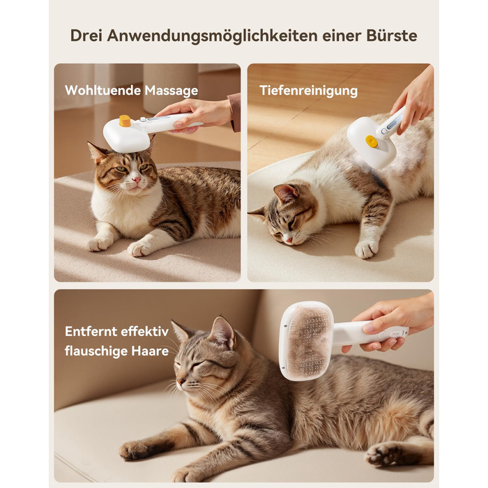 Щітка для котів ROJECO з парою, багатофункціональна, 3-в-1 проти підшерстка та ковтунів, 3 режими розпилення, самоочищення, для довгошерстих та короткошерстих котів та собак, білий колір
