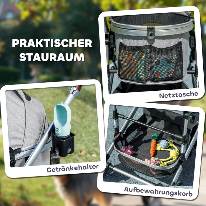 PawHut Коляска для собак 3 в 1 Dog Buggy Складна для собак і кішок до 10 кг Cat Buggy з подушкою Підстаканник Сітка Вікна Двері Кошик для зберігання Котяча коляска Баггі Світло-сірий | Аосом