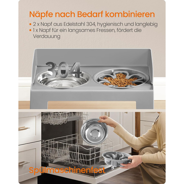 Підвищена годівниця для собак Feandrea з регульованою висотою та нахилом, 2 миски з нержавіючої сталі 304, миска для повільного годування, сірий колір, PRB103GD01