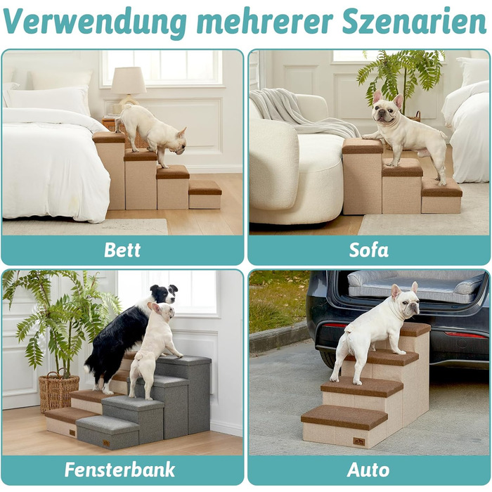 Сходинка для собак маленьких порід зі зберіганням, широка, складна для ліжка та дивану, з неслизьким покриттям, вологостійка (3x97x56 см), колір: коричневий, 4 ступінці, розмір: 43x97x56 см