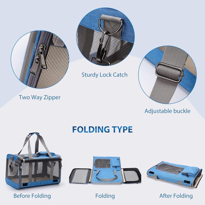 Транспортна переноска для котів та собак PETCUTE, 9 кг, складана, з плечовим ременем, для подорожей та кемпінгу (Блакитна)