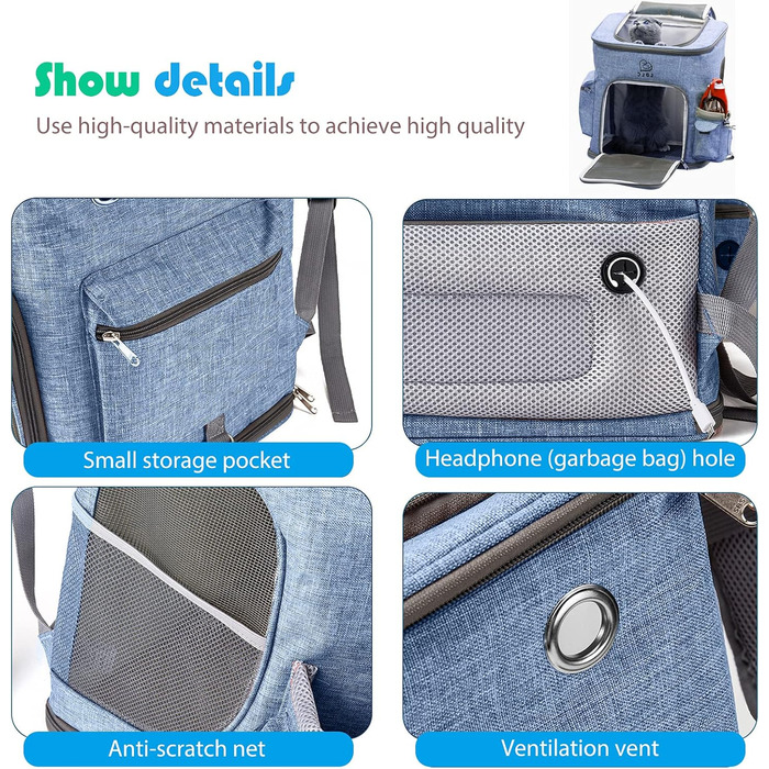 PETCUTE Рюкзак для собак і котів, складаний, з знімним килимком, дихаючий, з регульованими ременями, сумка для подорожей на відкритому повітрі (Темно-синій)