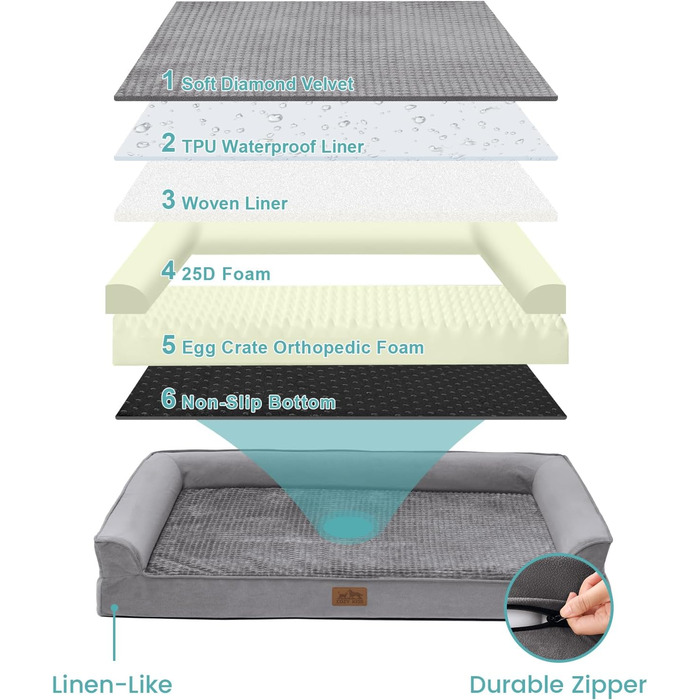 Ортопедичне ліжко для собак, диван для середніх та великих собак, неслизьке, миється, U-подібної форми, сірого кольору, 112,8 x 81,3 x 18,8 см