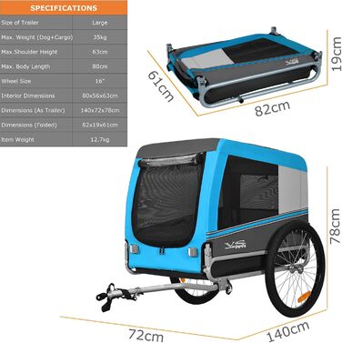 Тігго VS Pets L: Причіп для собак великого розміру, 270 л, для собак до 35 кг, складна конструкція, блакитний