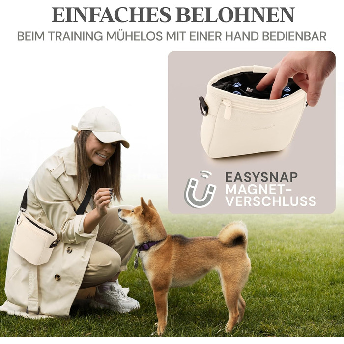 Сумка для ласощів для собак з штучної шкіри, з магнітною застібкою на одну руку, містка (S, кремовий)