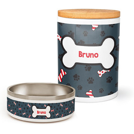 Набір для годування собак PICANOVA з іменем: миска та контейнер для ласощів у різдвяному дизайні. Керамічний набір для собак як подарунок для власників домашніх тварин. Дизайн Candy Bones.