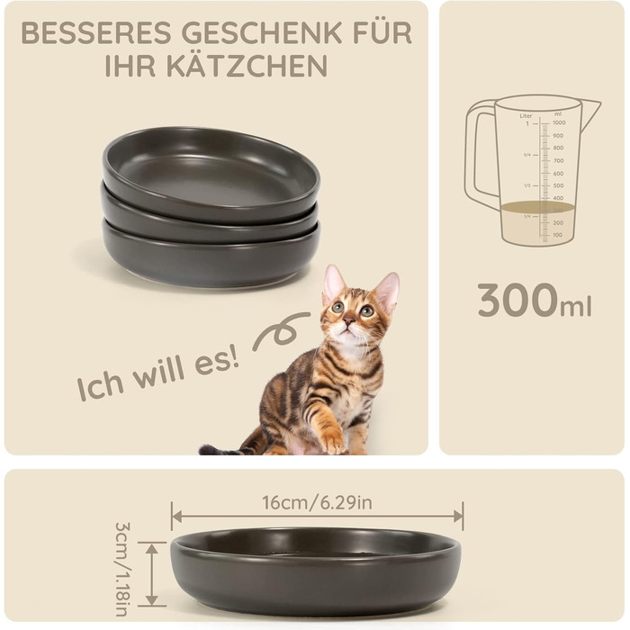 Набори мисок для котів SPUNKYJUNKY 3 шт. з кераміки, сірі, 300 мл