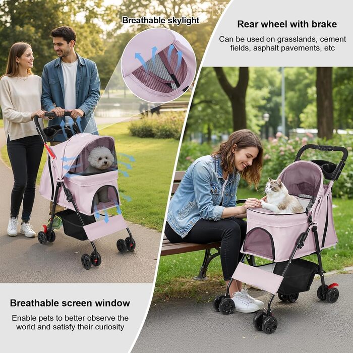 Складаний візок для тварин та дітей з обертовими колесами на 360°, кошиком для зберігання, міцним металевим каркасом та дихаючими сітковими віконцями – портативний переносник для котів та собак до 22 кг (Рожевий)