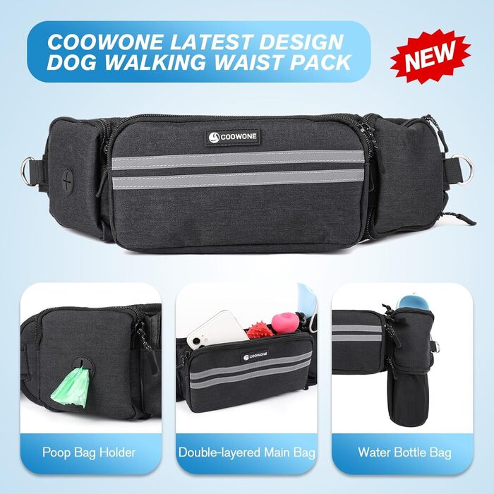 Сумка для ласощів для собак, поясна сумка для собак, аксесуари, мішок для ласощів з дозатором кульок для прибирання, світловідбиваюча еластична стрічка на талії для прогулянок, походів та дресирування (з 1 повідком, чорного кольору)
