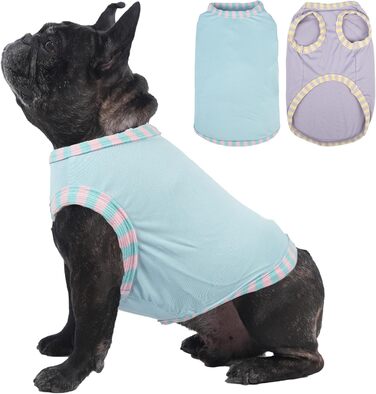 Сорочка для собак Katzinst (2 шт.) - сонцезахист, дихаючий матеріал, для середніх собак (Французький бульдог). Розміри: L (обхват грудей 46 см), M (обхват грудей 40 см). Кольори: зелений хакі + світло-блакитний + світло-ліловий