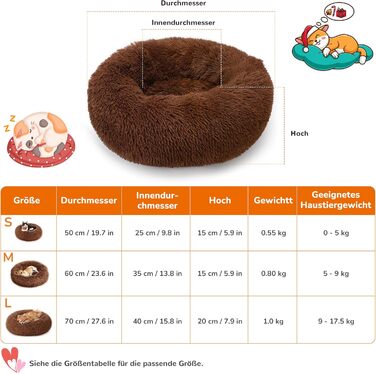 ALLSOPETS заспокійливе ліжко для собак і котів, м'яке плюшеве кругле, для малих і середніх порід, знімний чохол, протиковзка основа, темно-коричневе, 70 см
