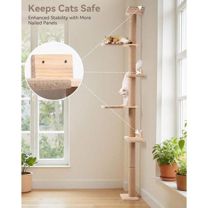 Кігтеточка PawGiant з 5 ярусів, кріпиться до стіни, 213 см, з сизалю, платформами, для котів середніх розмірів