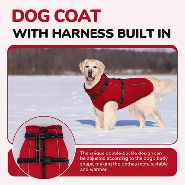 Теплий зимовий одяг для собак Lelepet: куртка з інтегрованим шлейкою, вітронепроникний флісовий підклад, світловідбиваюча жилетка для холодної погоди, 2XL (Small, Червоний)