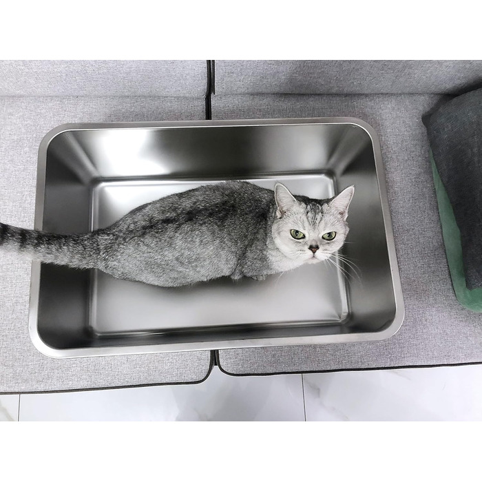 Великий лоток для котів і кроликів IKITCHEN з нержавіючої сталі 50×35×15 см, металевий туалет для тварин, без запаху, не залишає плям, антипригарна гладка поверхня, не ковзає, гумове дно
