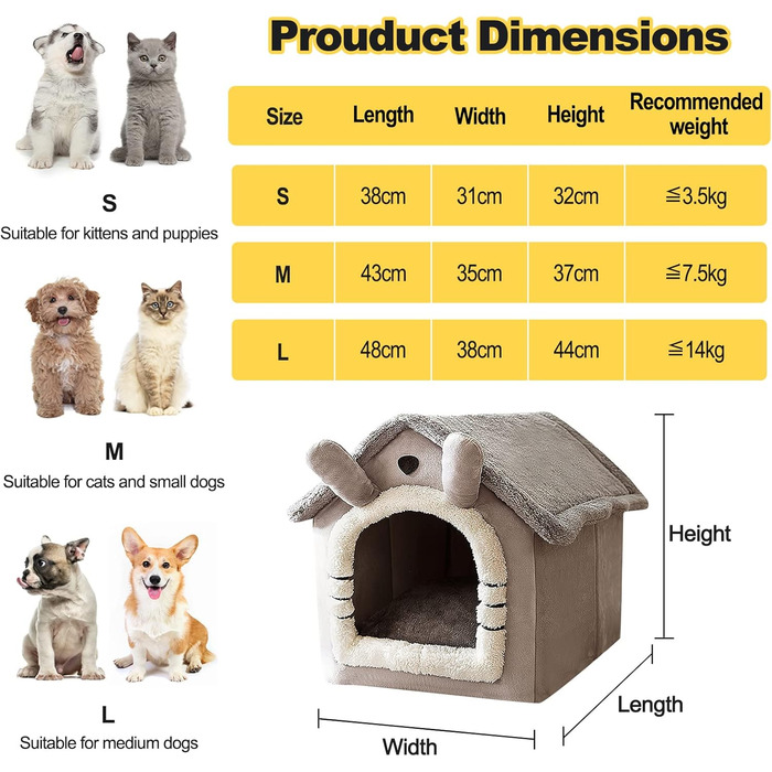 Кіжачий домик Galatée: тепле та затишне ліжко-іглу для котів, з антиковзким дном (M, сірий котик)