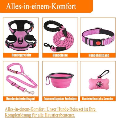 Набір шлейка для собак LOBEVE з повідком та нашийником | З авторемнем, складними мисками та диспенсером для відходів | Для собак маленьких та великих порід | Ідеально для прогулянок, тренувань та подорожей, рожевий